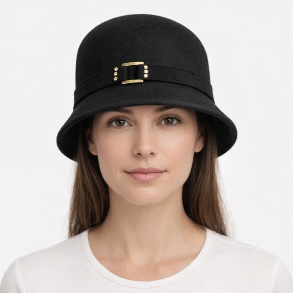 AUGUST Women's Cloche Hat Black 100% Wool Buckle Studs Detail Retro VTG Look